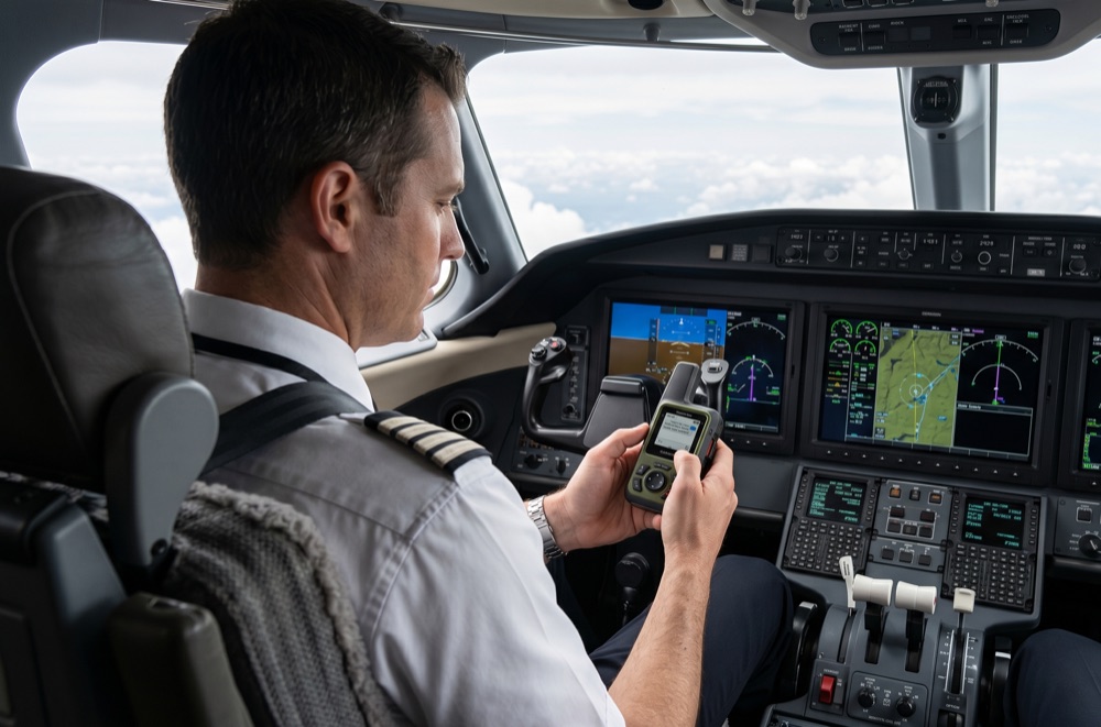 Pilot checking weather on a satellite communicator in the cockpit